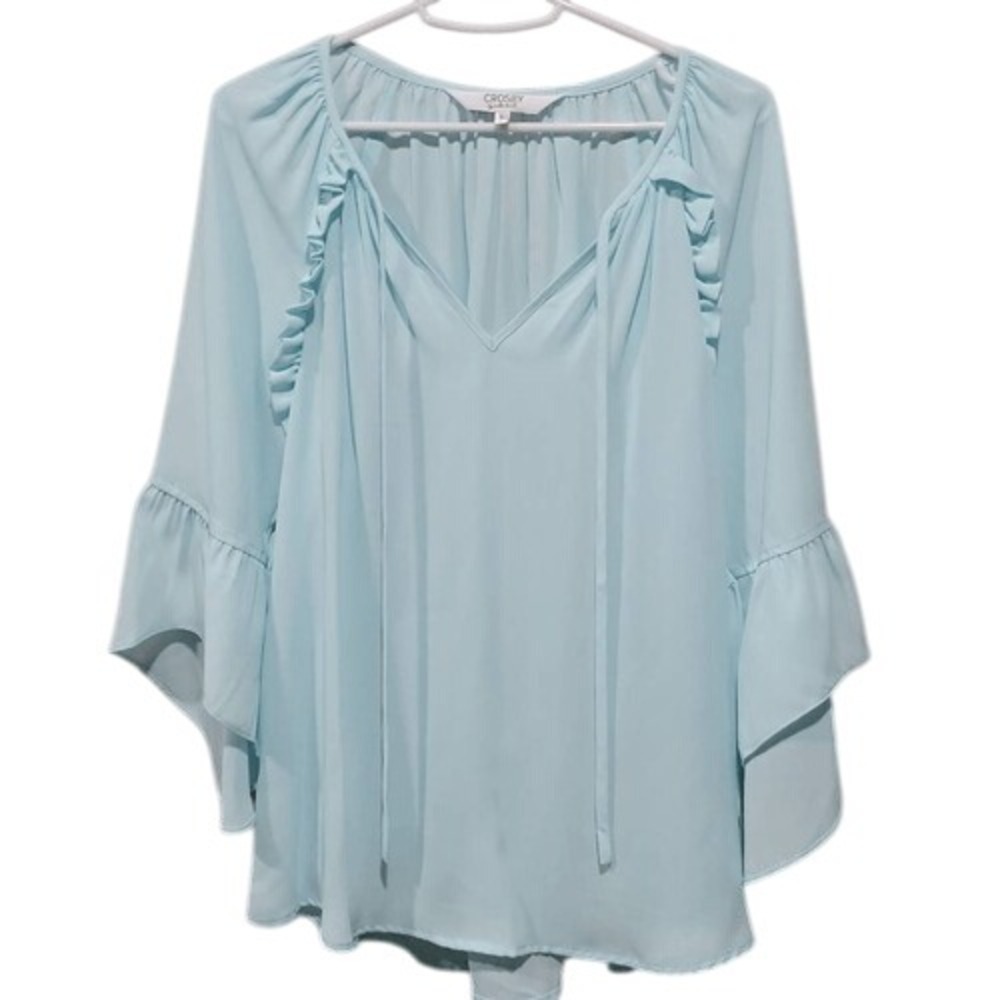 Crosby by Mollie Burch Shirt Top Small Pastel Blue Chiffon Ruffle‎ Bell Sleeve